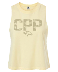 *Close Out: Ladies Fit Tank Racerback Cropped CPP / Bronco Head Heather Fren