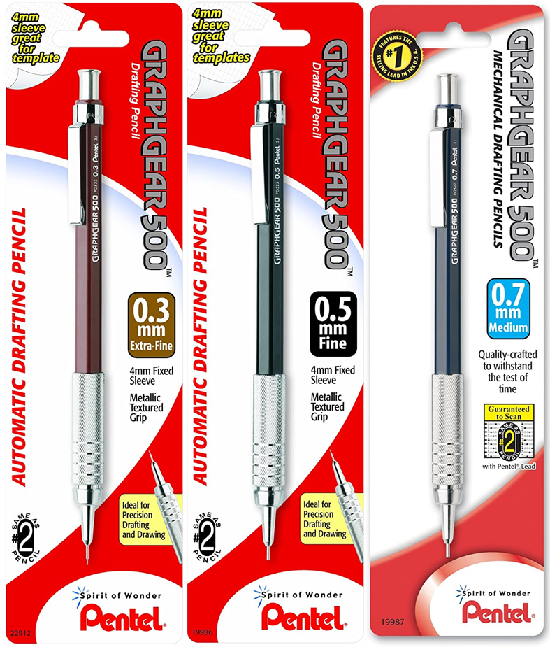 4 Pencil Set Pentel GRAPHGEAR 500 Mechanical Drafting Pencil 0.3
